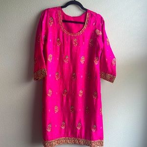 Hot Pink 3-Piece Handmade Silk Suit with Golden Sequence Work | Brand New | ID#2